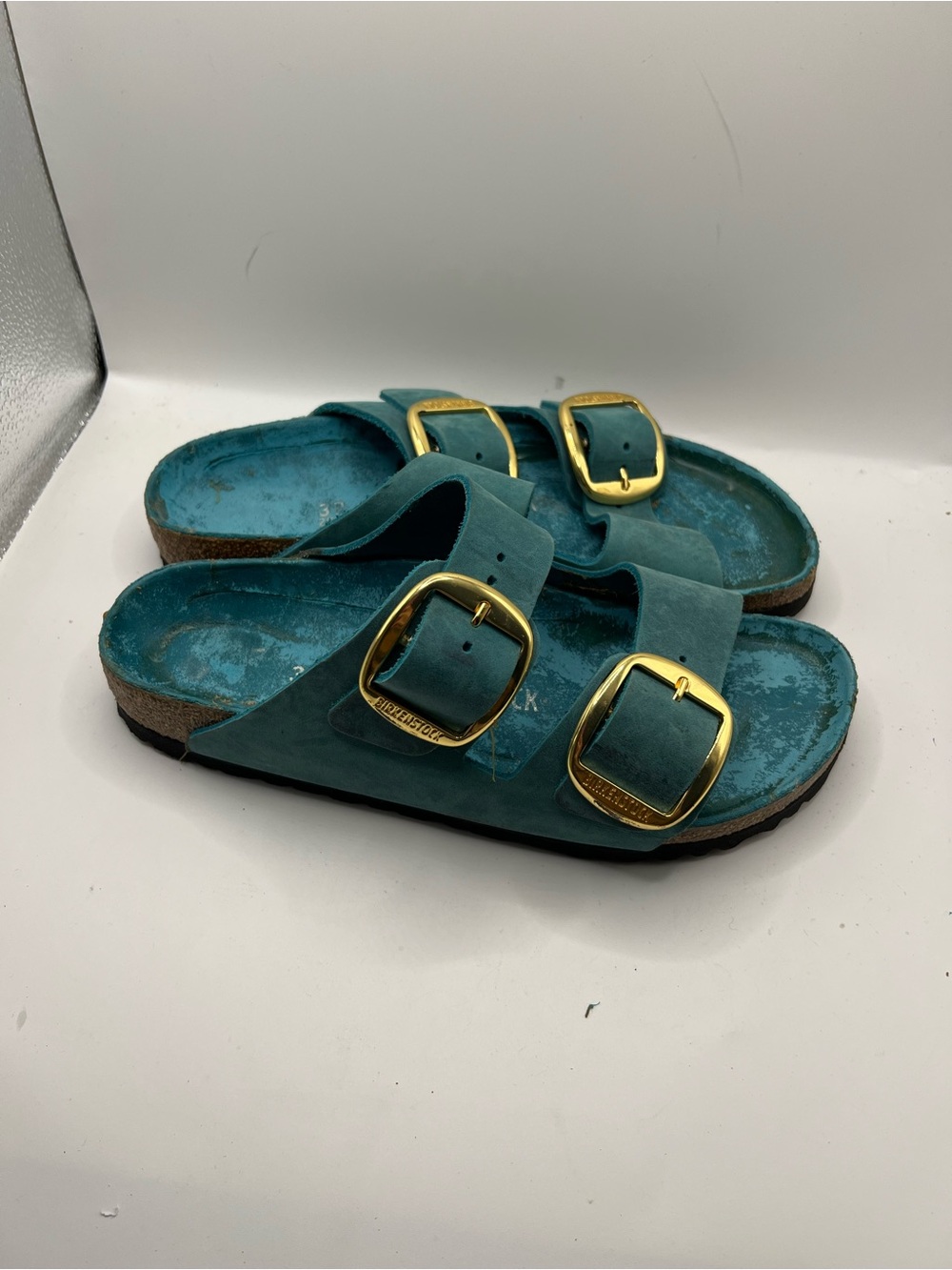 Birkenstock Teal Arizona Sandals with Gold Buckles - Picture 4 of 9